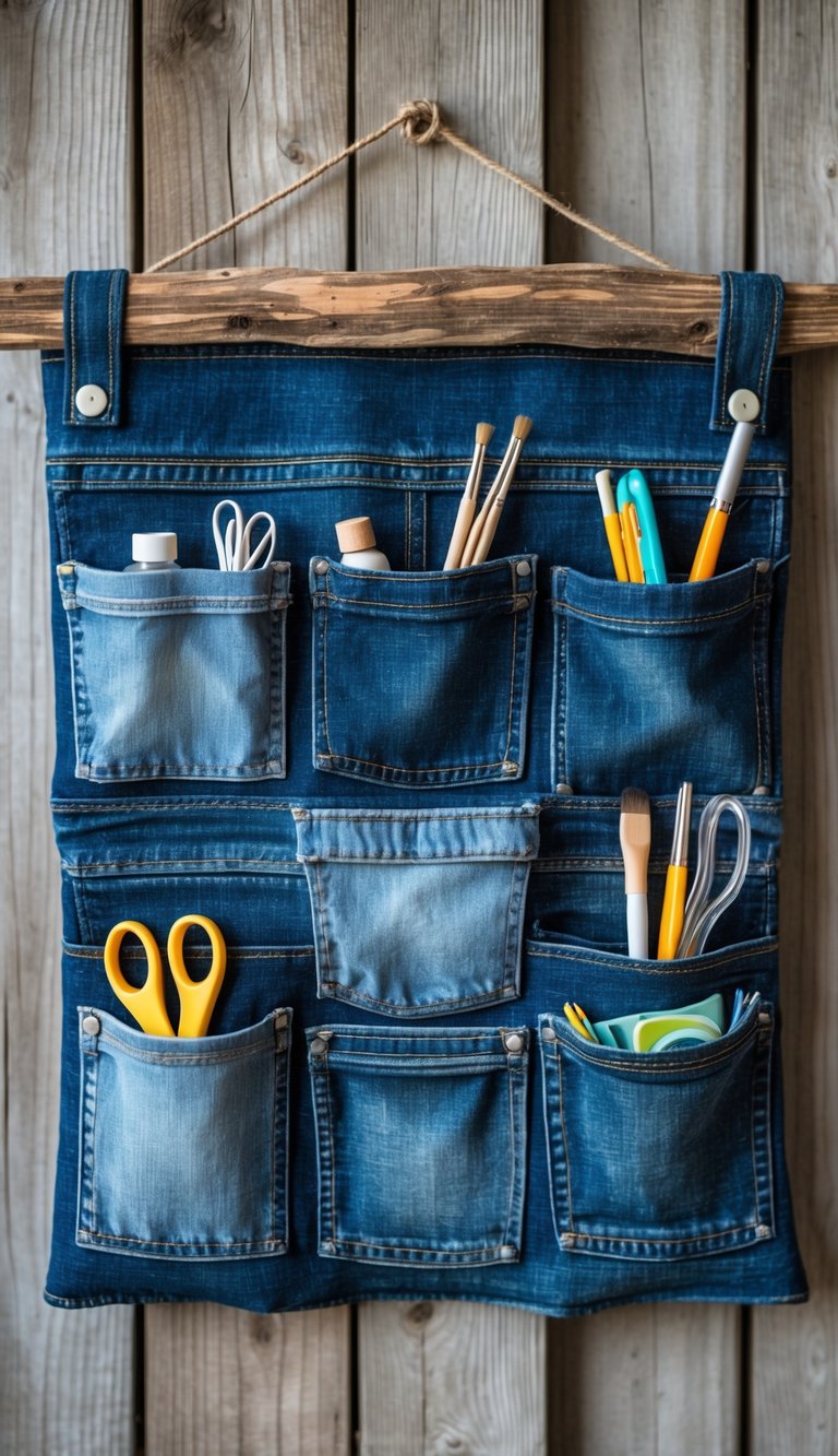 Denim pocket organizer made from blue jeans hanging on a wooden wall with various small items stored in its pockets.